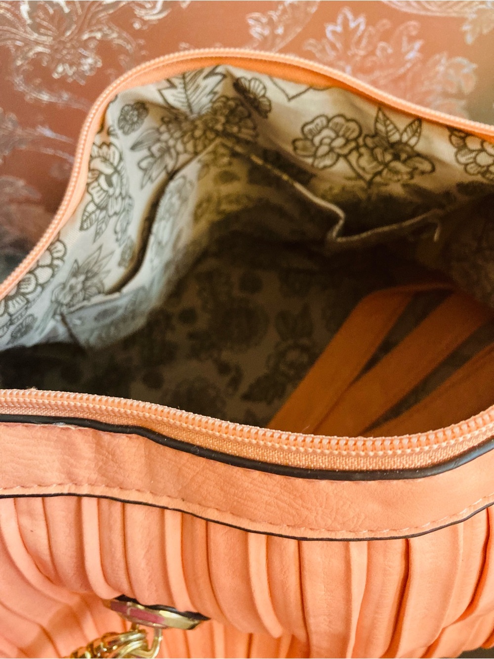 Pleated Coral Satchel Handbag with Gold Hardware - Picture 4 of 7
